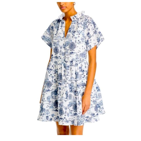 Aqua Dresses & Skirts - AQUA blue and white toile mini dress - size XS